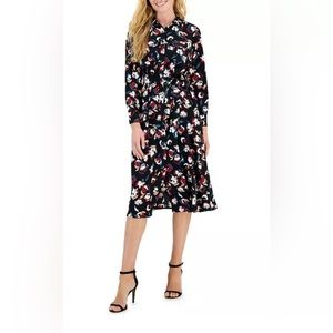 ALFANI Petite Printed Long-Sleeve Tie-Belt Shirtdress-Color:  Black Floral